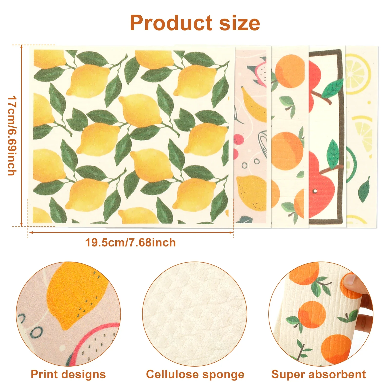 5Pcs Kitchen Dishcloths Reusable Eco-Friendly Microfiber Swedish Dishcloths Fruit Print Absorbent Dish Towels for Home Cleaning