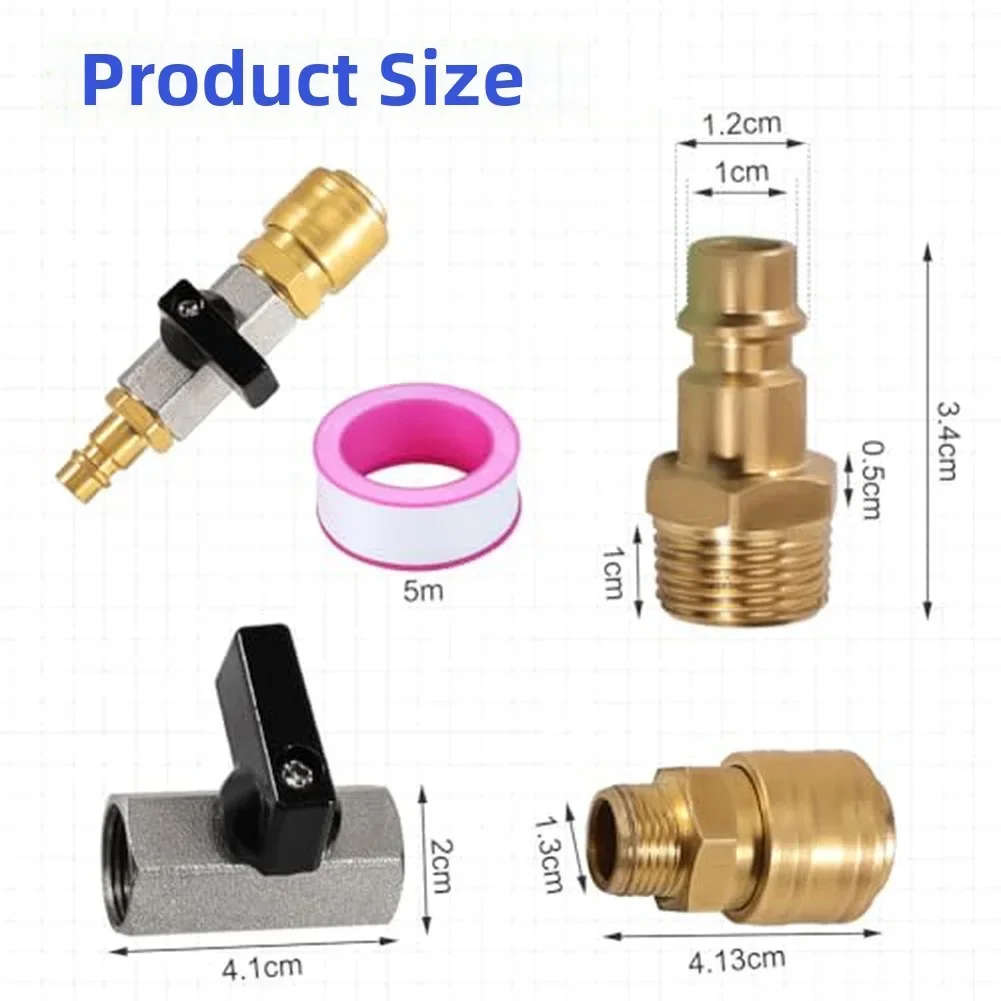 14 Air Compressor Air Hose Connector with Brass 1 Quarter Inch Ball Valve and Quick Release Coupling Including 5 Meter PTFE Tape