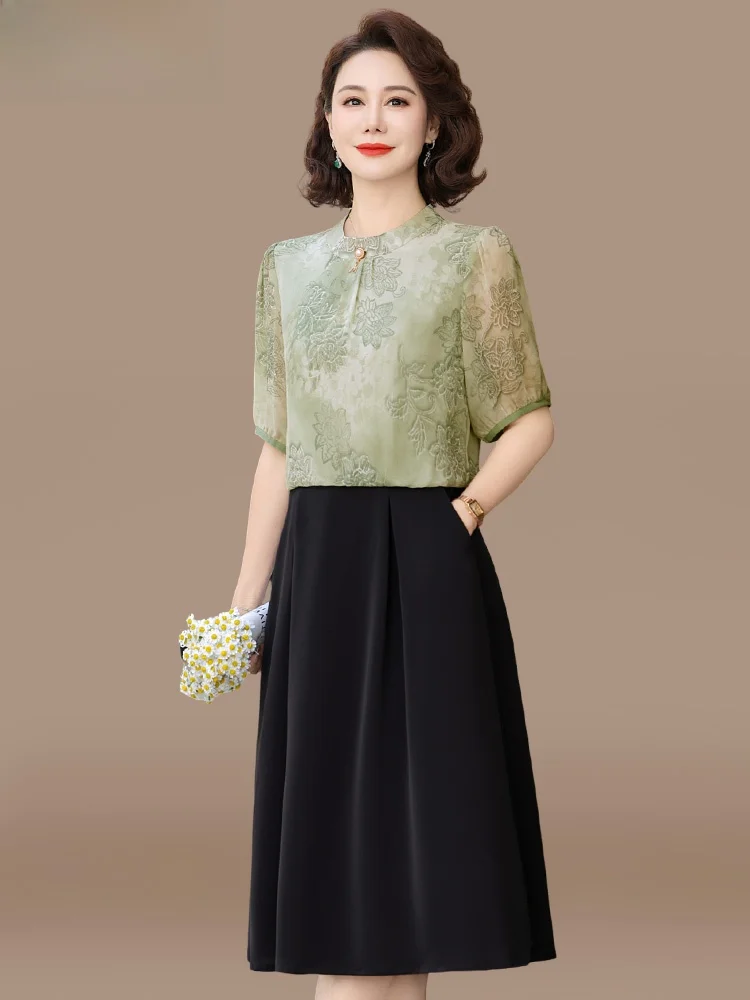 

Летнее платье-миди для женщин среднего возраста из шифона с вставками, модное, свободного кроя, с круглым вырезом, из полиэстеровой смеси