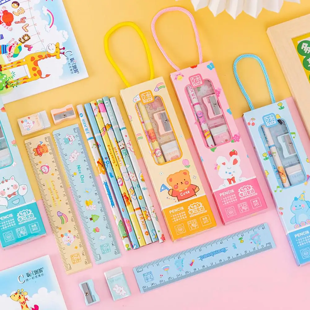 5 in 1 Cute Cartoon Pencil Set Portable Stationery Set for Kids Gift Pencil Eraser Sharpener Ruler School Supplies