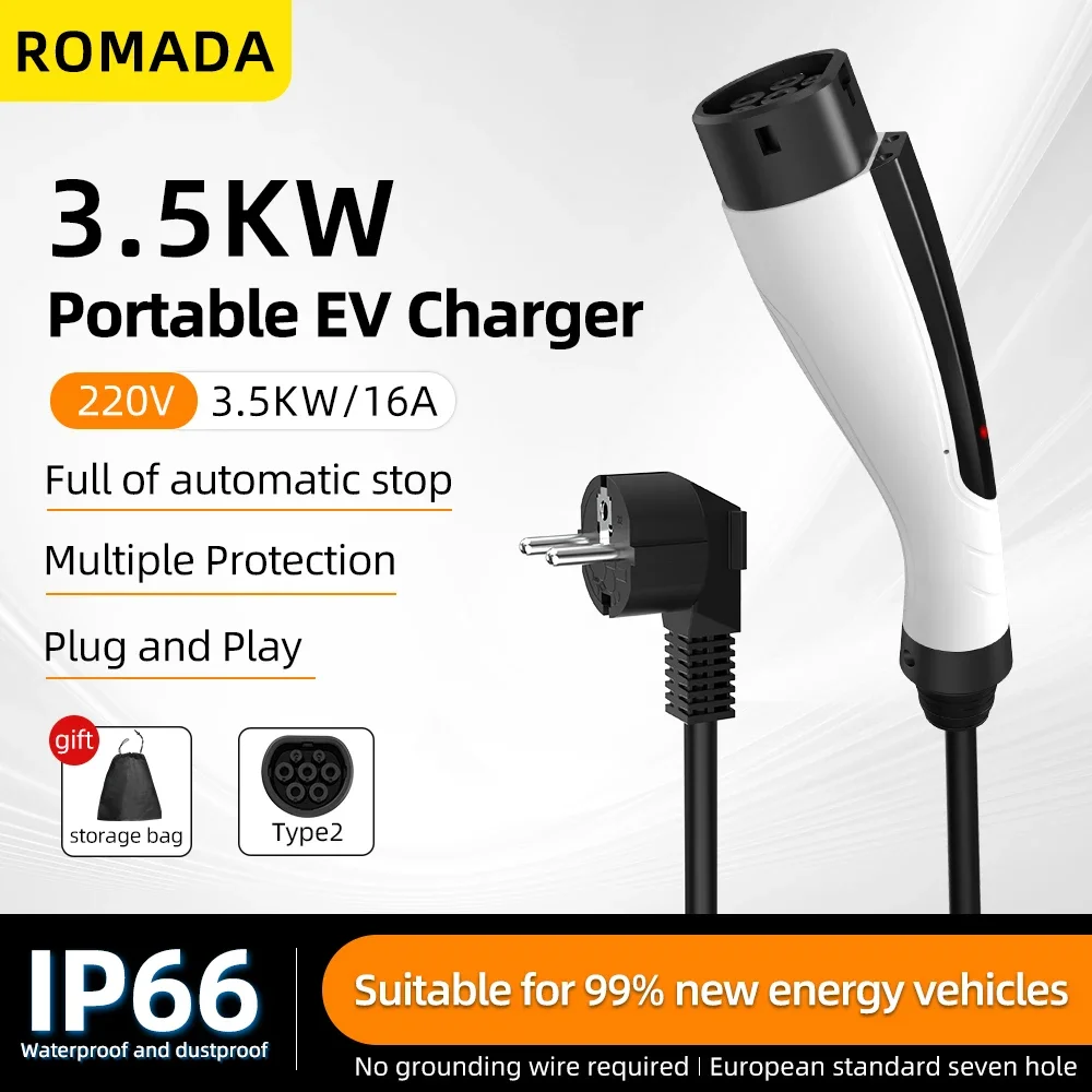 ROMADA 3.5KW 16A Portable EV Charger IP66 Waterproof 3M-10M Cable IEC62196 TYPE2 EU Plug Fast Charging For Electric Vehicles