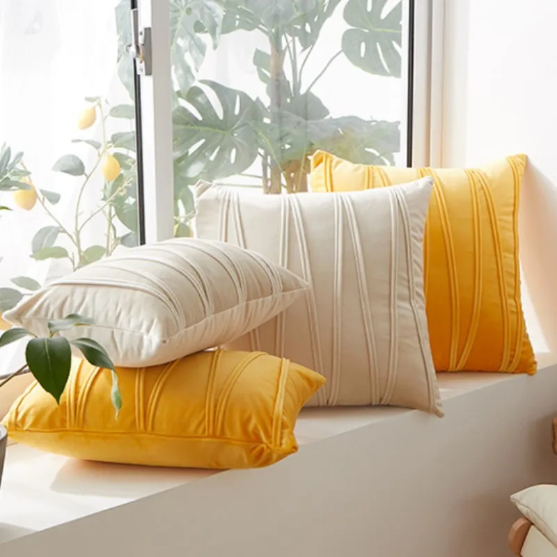 Gestreifte Samt-Kissenbezüge, rustikal, modern, weich, solide Kissenhülle für Sofa, Schlafzimmer, Auto, Gelb, Creme, 30 x 50 cm, 45 x 45 cm, 50 x 50 cm
