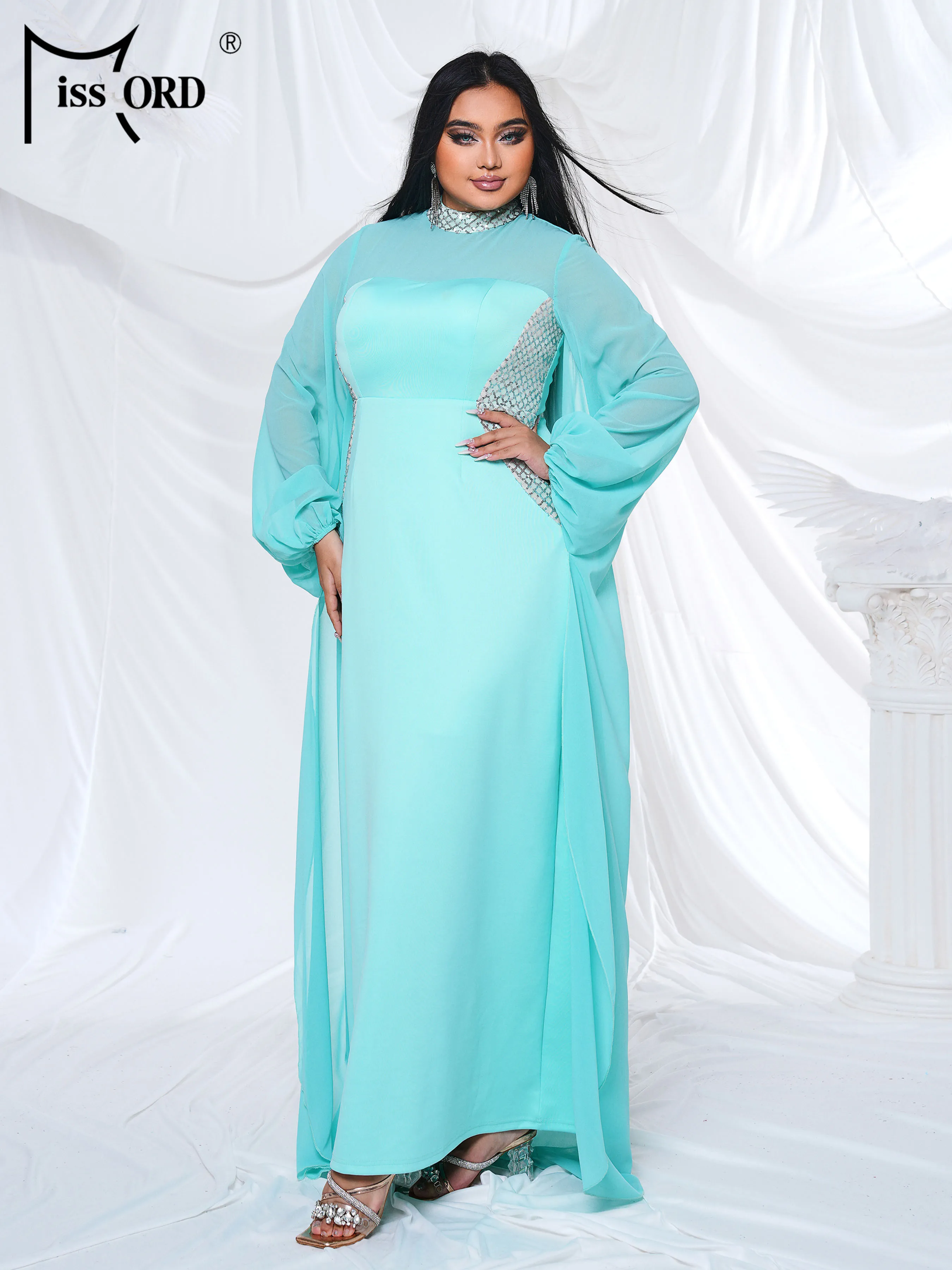 Missord Plus Size New Blue Round Neck Long Sleeved Elegant Evening Gown Wedding Birthday Party Elegant Beautiful Women's Dress