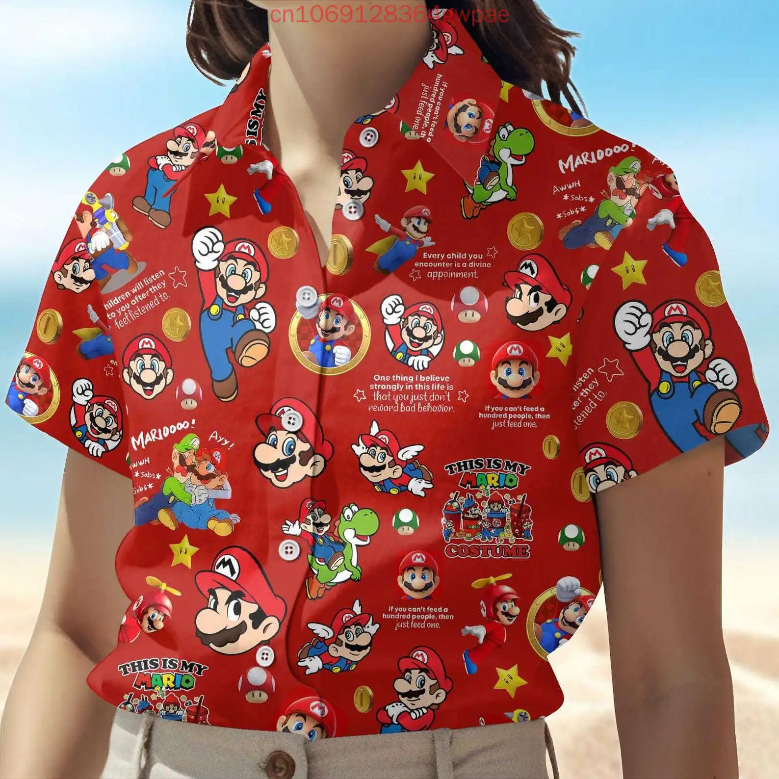 슈퍼 마리오 여성 반팔 하와이 셔츠 여름 패션 섹시한 해변 셔츠 공주 복숭아 캐주얼 태양 보호 셔츠