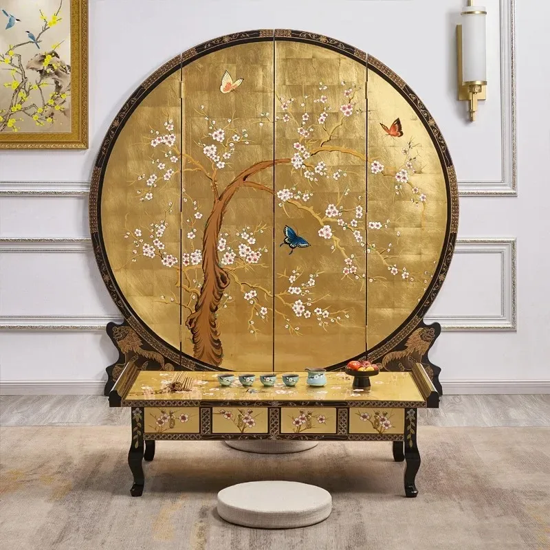 D12-  Piano Lacquer Gold Leaf Ming Qing Style Painted Four-Bucket Tea Table Enligenment Tea Table Hotel Large Tea Table