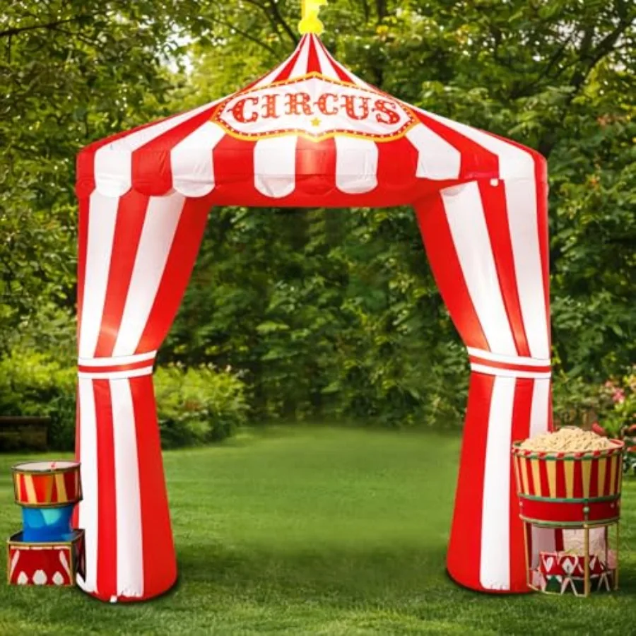 

Circus carnival birthday party decorations: 10ft red and white striped inflatable arch tent with built-in LED lights, PVC mater