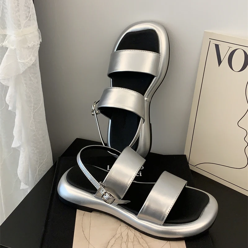 Casual Simple Slippers Women Thick Soled Sandals Women\'s Summer New Fashionable Versatile Silver Roman Sponge Cake Sandals 35-40