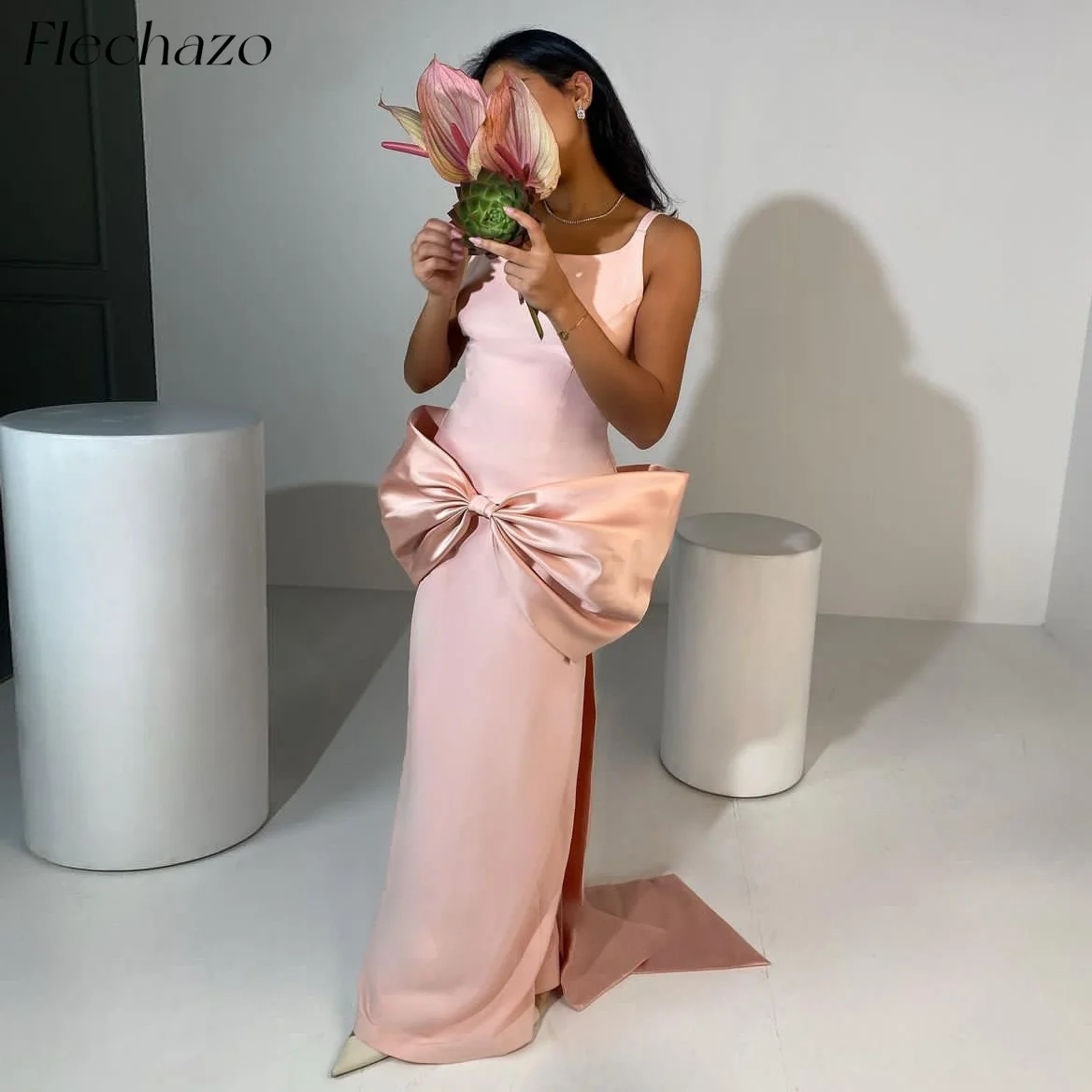 

Flechazo Pink Evening Dresses O Neck Sleeveless Bow Floor-Length Formal Party Gown For Women 2024 vestidos de gala فساتين السهرة