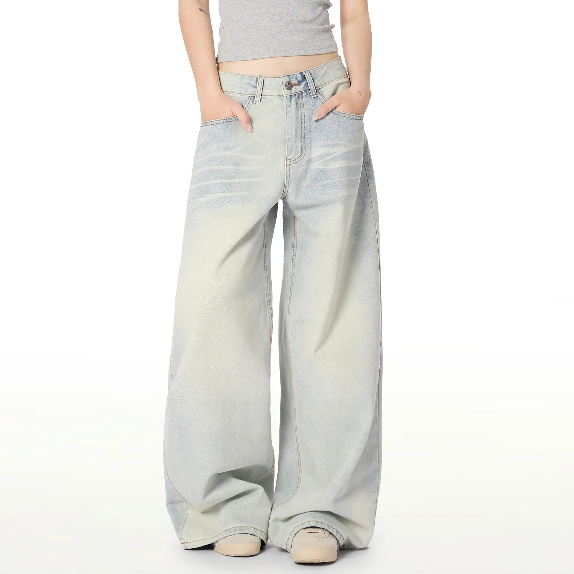 OR FL Women's American-style Water Wash Blue Wide Leg Pants Jeans Trendy Brand Cleanfit Simple Slacks Staraight Leisure Trousers