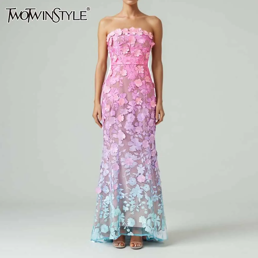 TWOTWINSTYLE Colorblock Spliced Appliques Elegant Dresses for Women Strapless Sleeveless Gradient Dress Female Fashion Clothing
