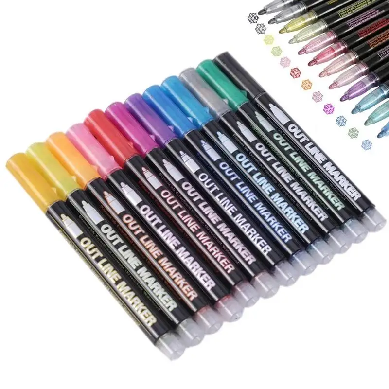 Writing Outline Marker Pen Shimmering Outline Marker Set With 12 Colors Children Super Squiggles Outline Markers For Painting