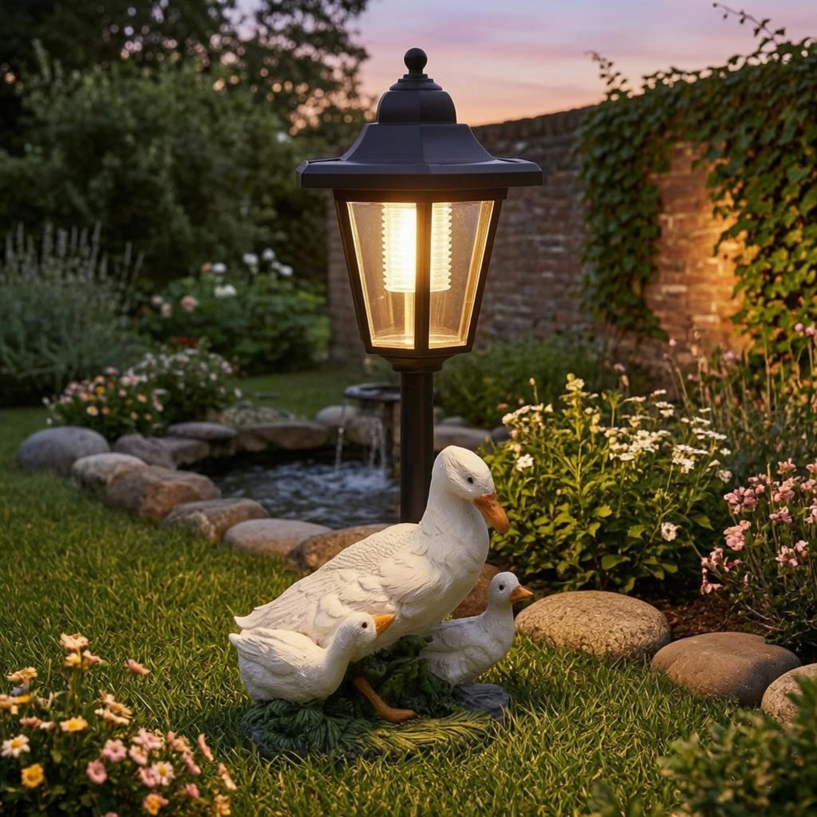 Duck Family Lantern Statue Illuminated Duck Family Sculpture Solar Light Ornament Weatherproof Outdoor Decor Auto on/off