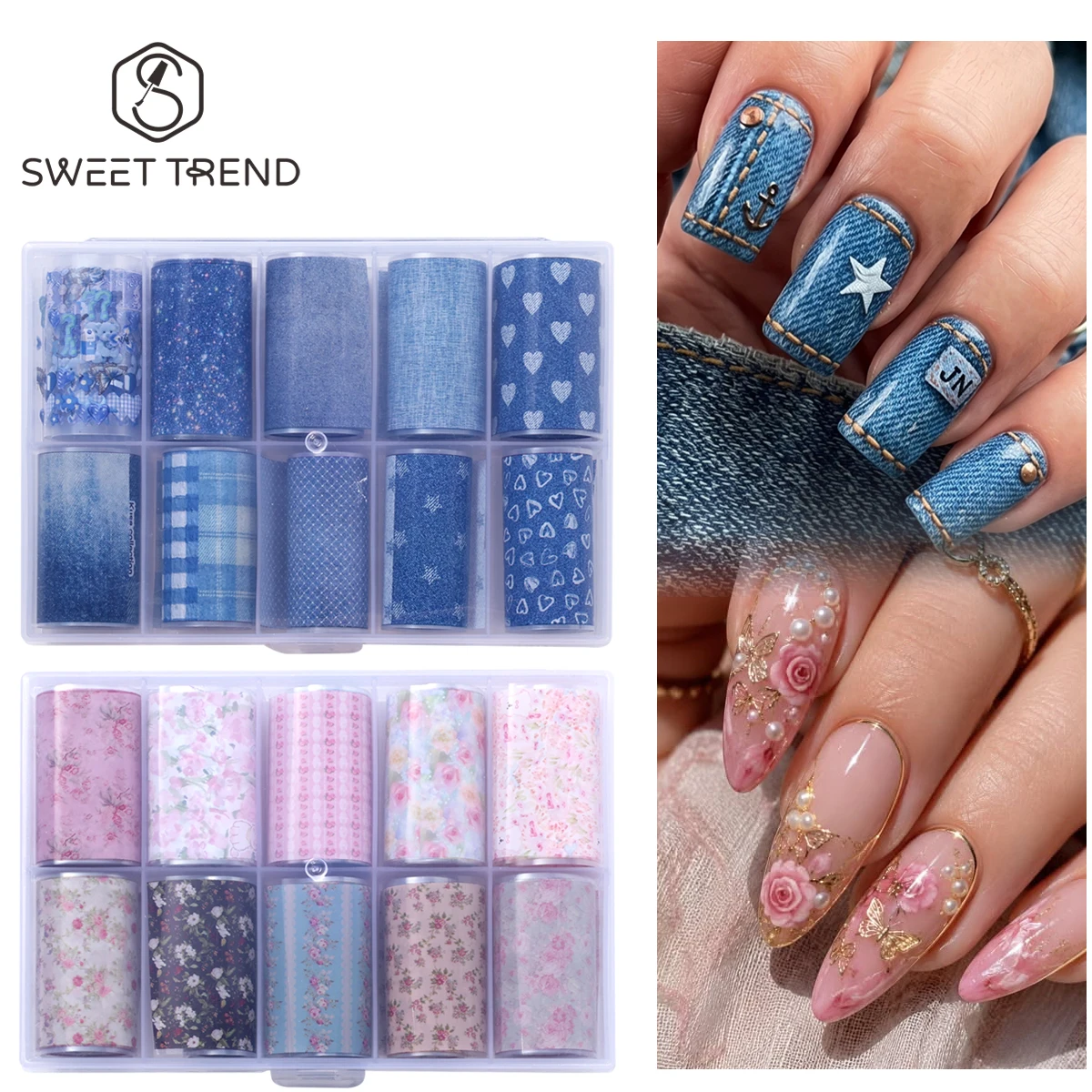 10 Rolls Denim & Floral Nail Transfer Foil Vintage Blue Jeans Heart Plaid Pink Rose Flower Sliders Paper Japanese Manicure Decor