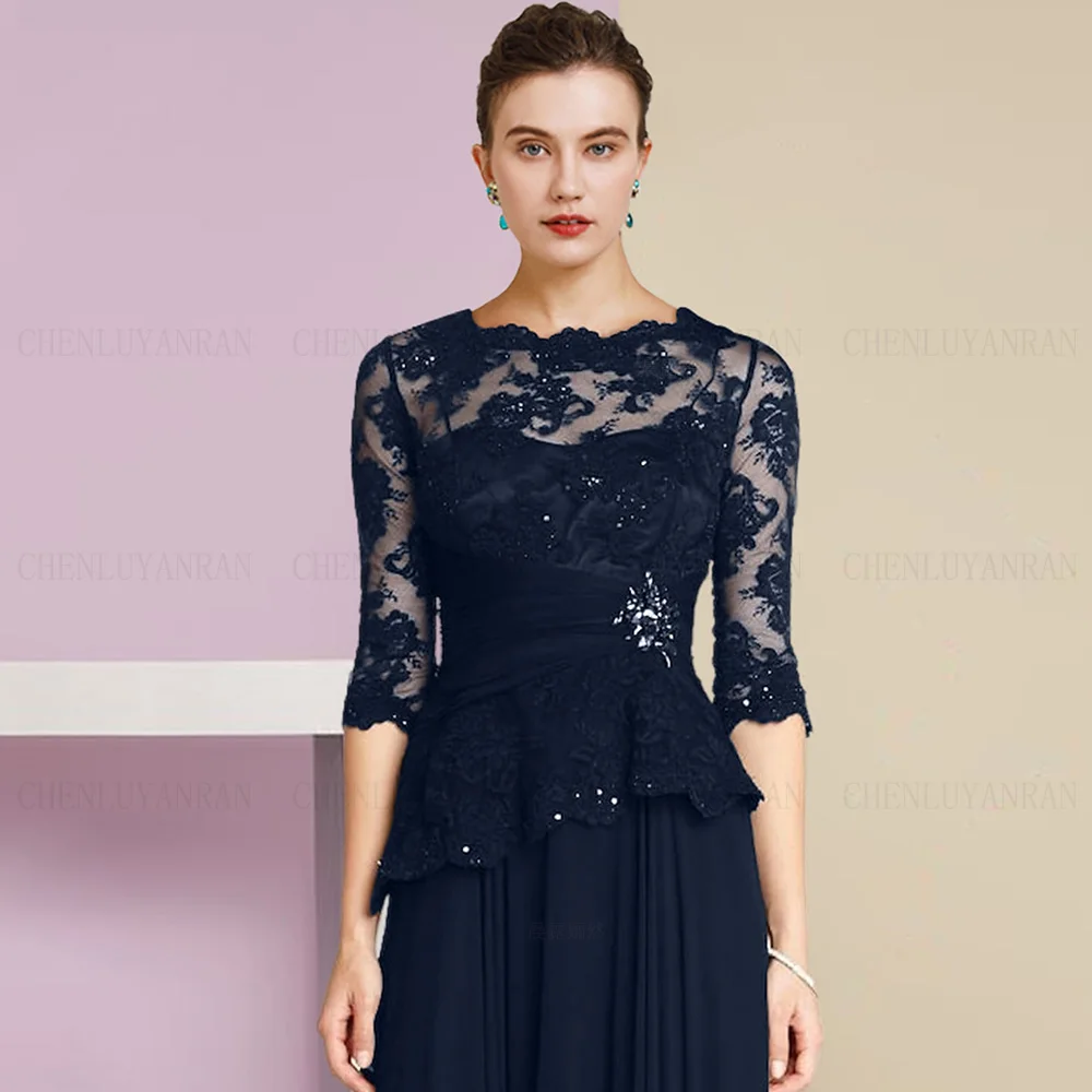 Vestido feminino meia manga com renda de lantejoulas, vestido de casamento para convidados, vestido A, azul escuro, vestidos para mãe da noiva, vestido de festa, longo, 2023