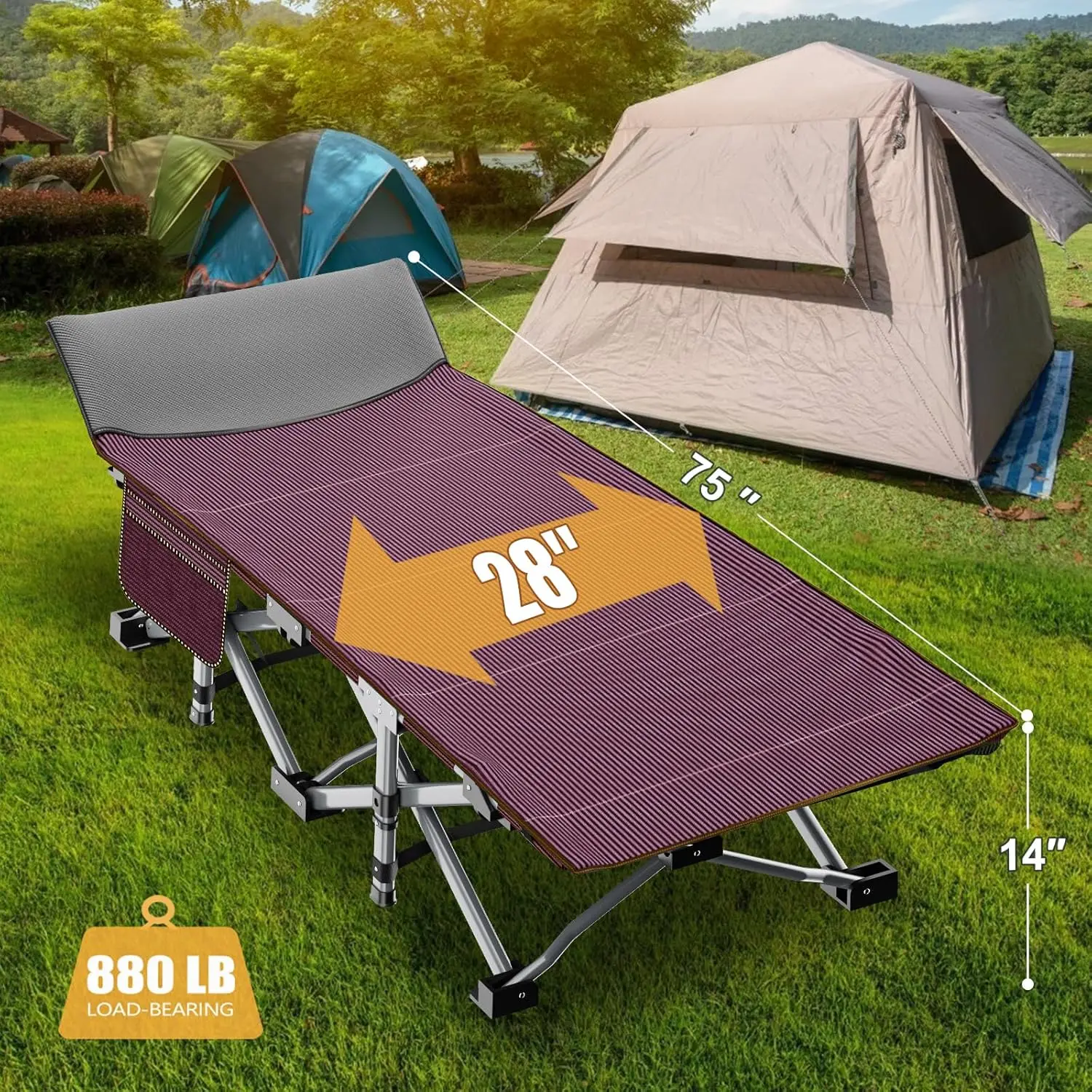 Folding Camping Cot W/Mat for Adults, Heavy Duty Outdoor Bed with Carry Bag,1200 D Layer Oxford Travel Camp Cots