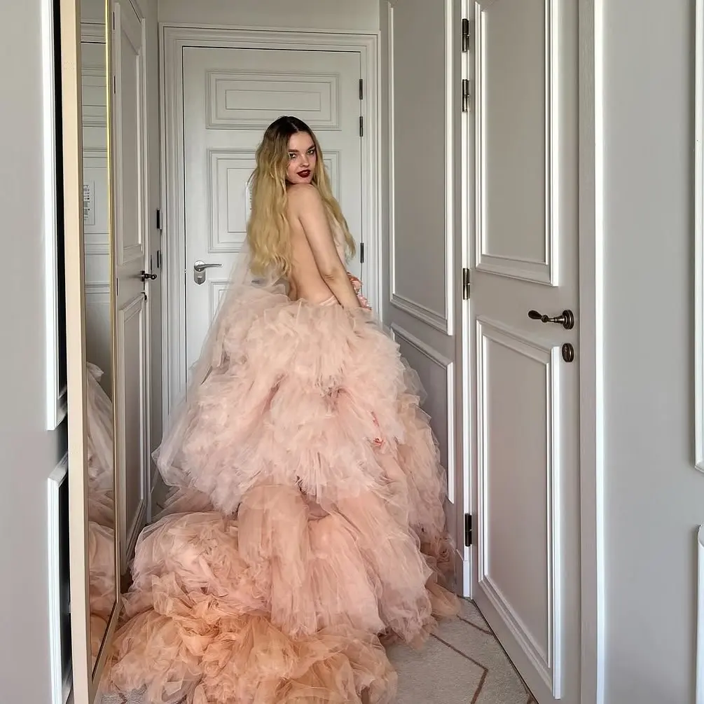 Vestido romântico de tule com camada rosa pêssego, sexy, costas nuas, malha inchada, sessão de fotos de casamento, chá de panela, vestidos de festa femininos
