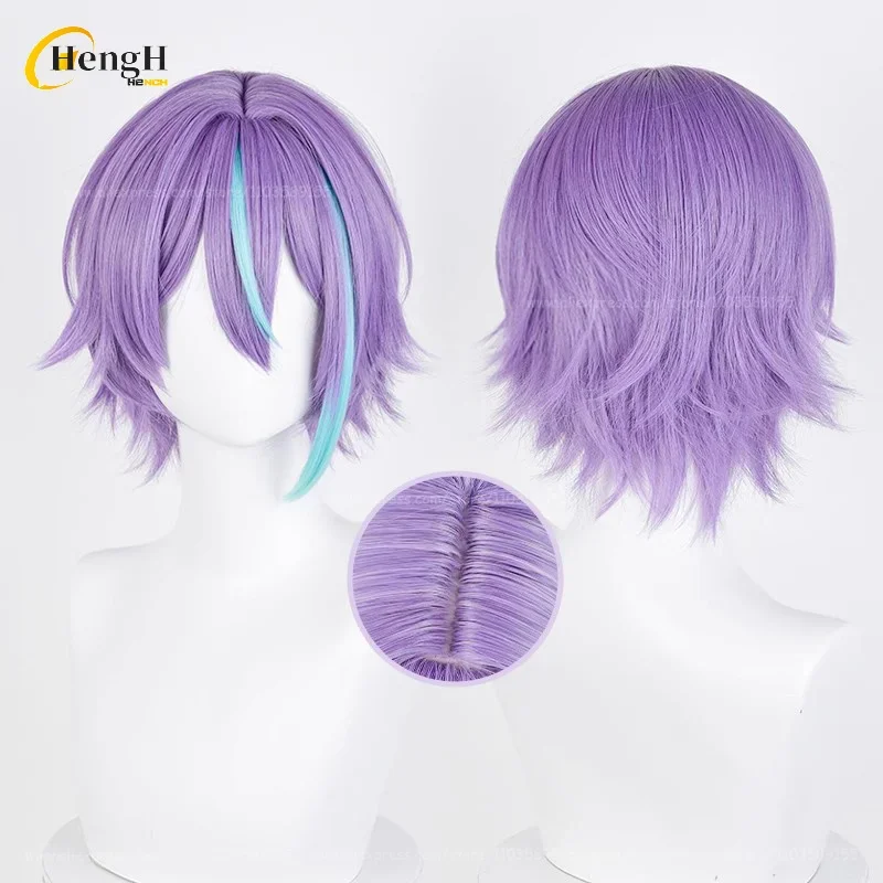 Kamishiro Rui Synthetic Hair Anime Short Purple Highlights Blue Cosplay Wig Earring Ear Heat Resistant Hair Halloween Party Wigs