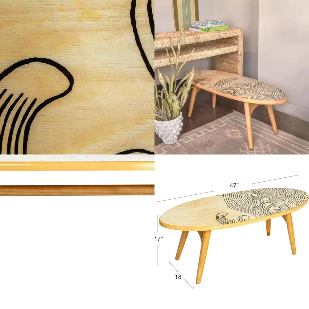 Ocean-Inspired Natural Wood Surfboard Coffee Table with Wave Pattern