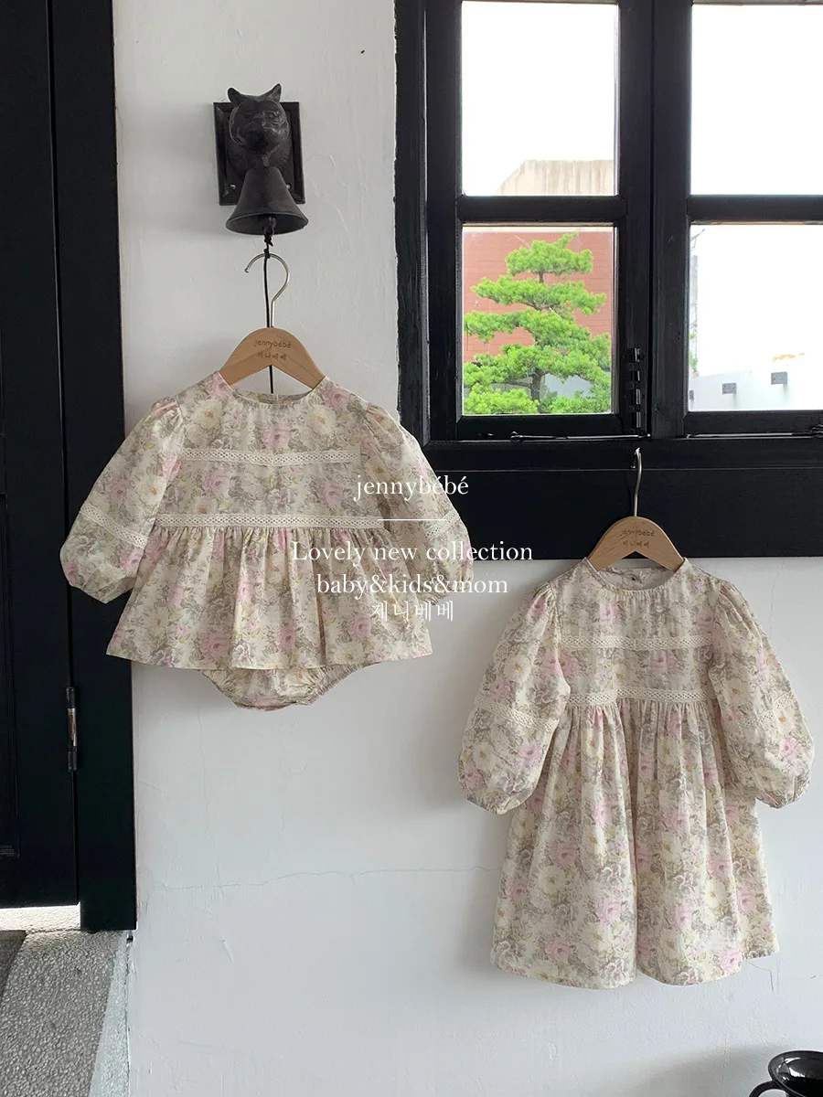 Wind Korean Retro  Flower Baby Bodysuit Sweet Beauty Baby  Bottom Coat baby clothes baby clothes  baby clothes boy