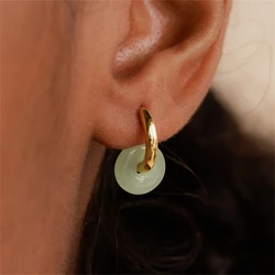 2-piece retro natural green stone circular pendant earrings for women, versatile for daily use, Middle Eastern gift giving