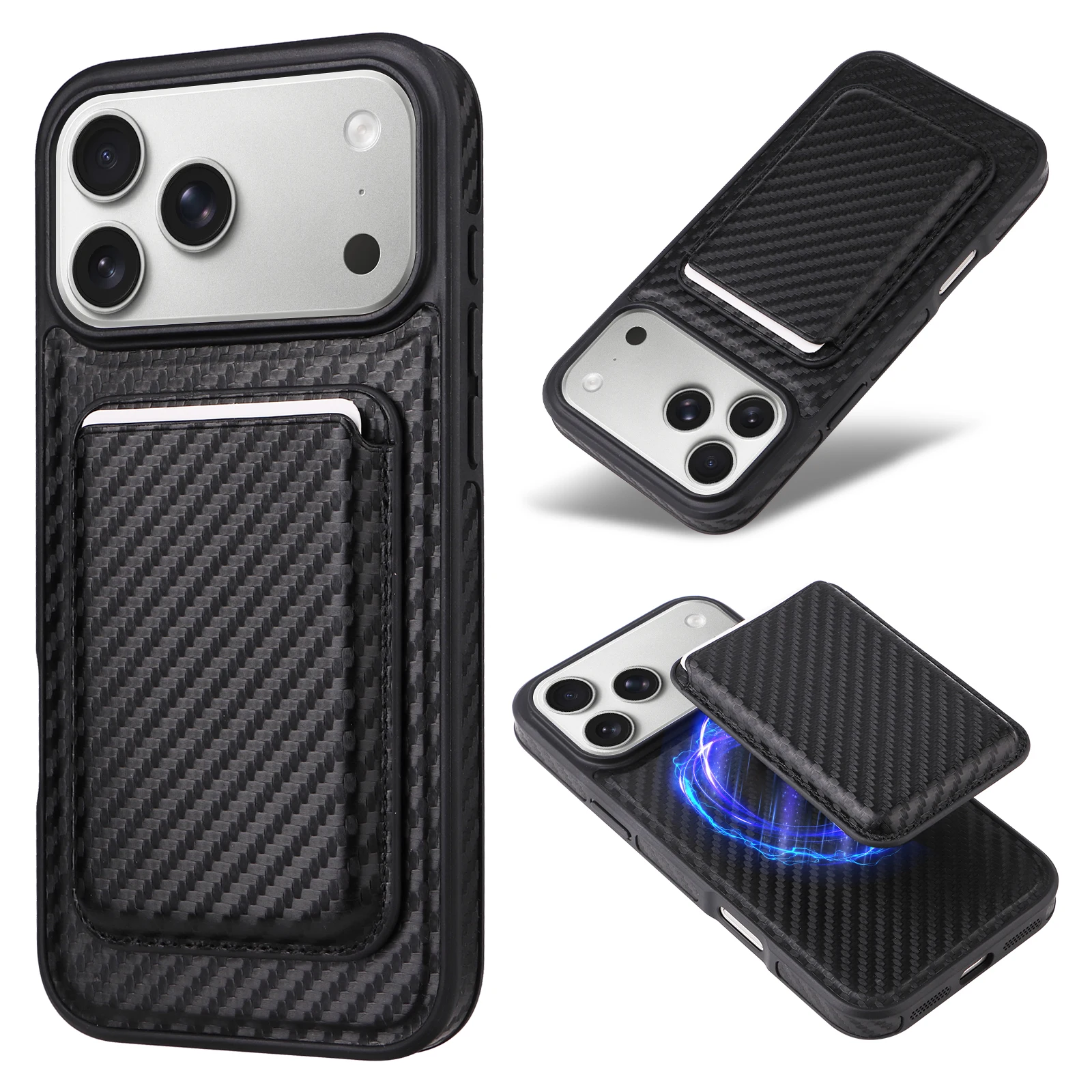 Carbonfaser-Saffiano-Lederhülle mit Leopardenmuster für iPhone 17 16 15 14 13 Pro Max Plus 16E 17Air mit MagSafe Magnetkartenhalter