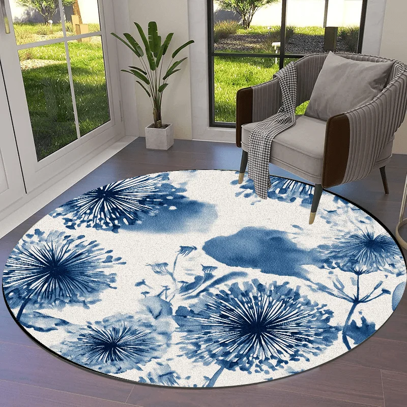 2d Printed Blue Ink Watercolor Dandelion Round Area Rug Non Slip Floor Mat For Modern Minimalist Home Decor Gift