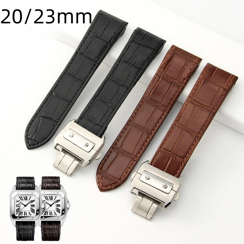 For CARTIER SANTOS DE CARTIER Leather watch strap Stainless steel folding buckle bracelet Specialized interface band 20mm 23mm