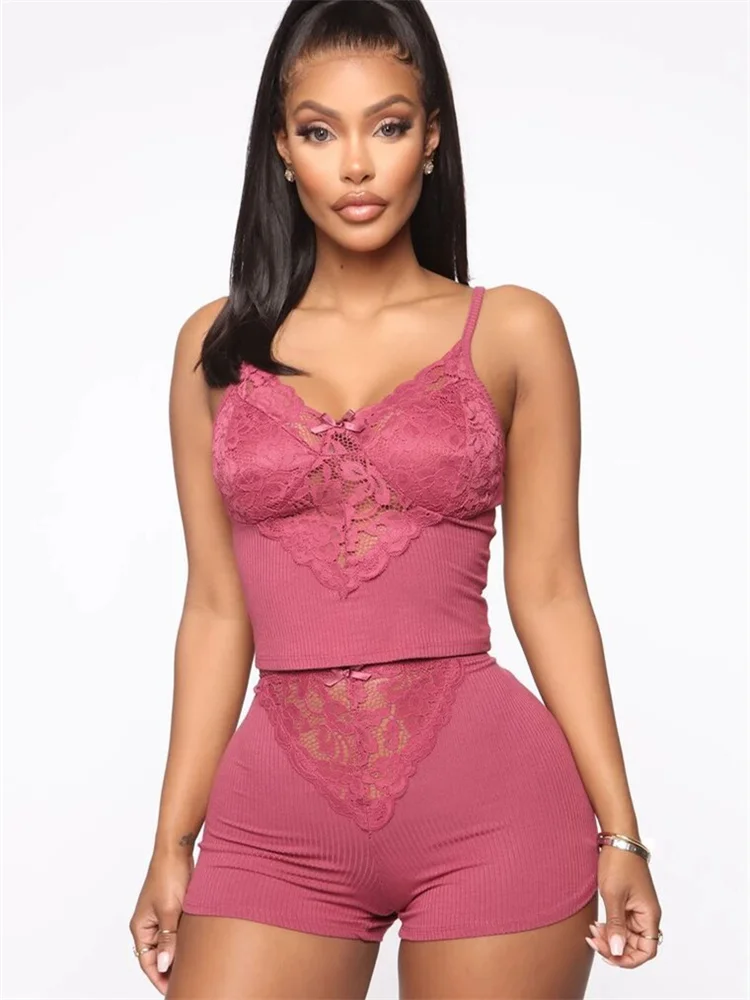 High Quality Wholesale Women\'S Solid Color Lace Pajamas Set Halters Top + Breathable Shorts Women\'S Sexy Pajamas