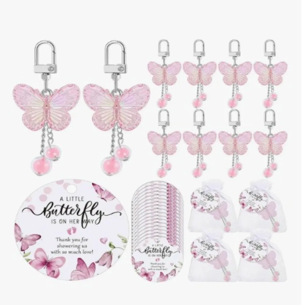 24/30Pcs Pink Color Butterfly Pendant Keychain Butterfly Pendant Tassel Pink Butterfly Keychain Backpack Hanging Decoration