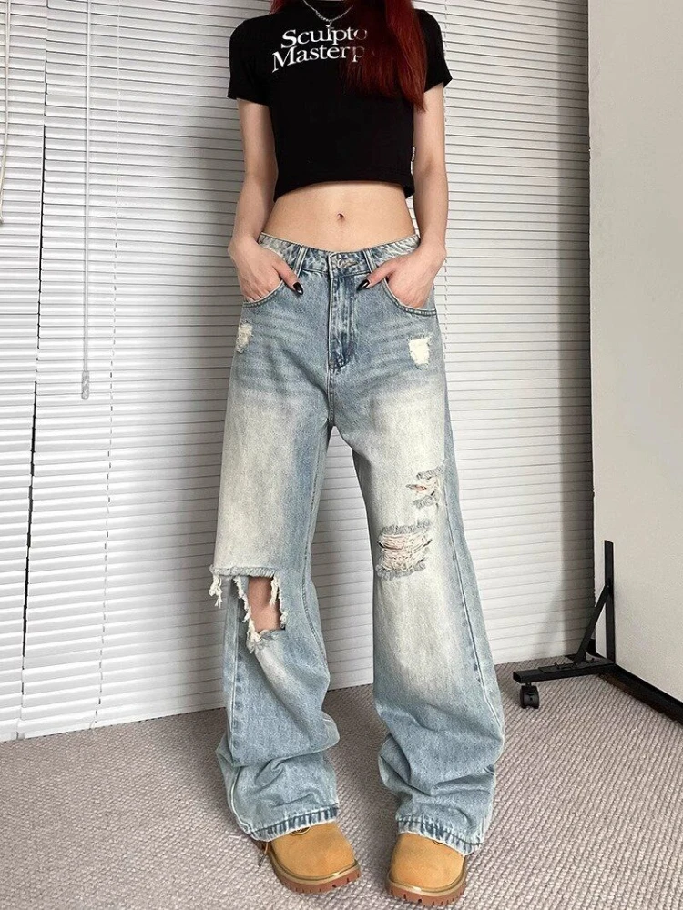 

ADAgirl Blue Ripped Jeans Women Streetwear Vintage Baggy Chic Hole Kpop High Waist Straight Denim Pants Y2k Causal Mujer Bottoms