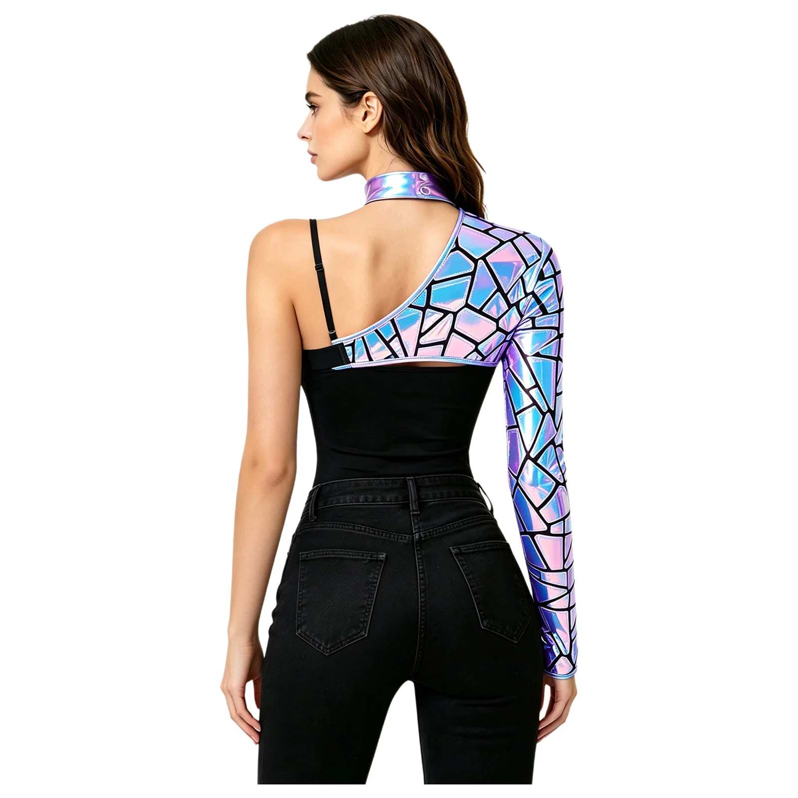 Women Astronaut Space Costume Mini Shirt Aliens Halloween Nightclub Dancewear One Shoulder Metallic Asymmetrical Sequin Crop Top