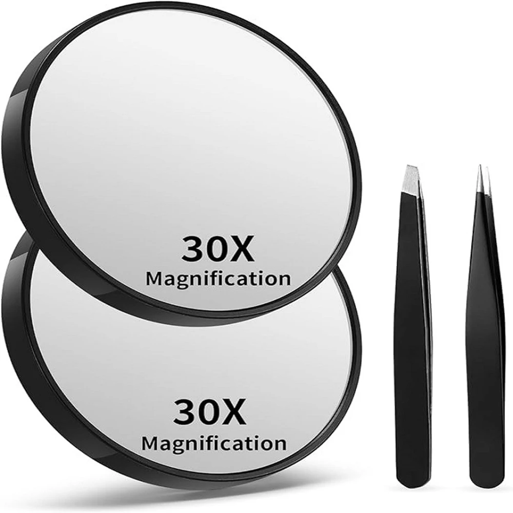 30X Magnifying Mirror and Eyebrow Tweezers Kit 3.5 Inch Suction Cups Magnifier Travel Set for Shaving Acne Makeup Mirror