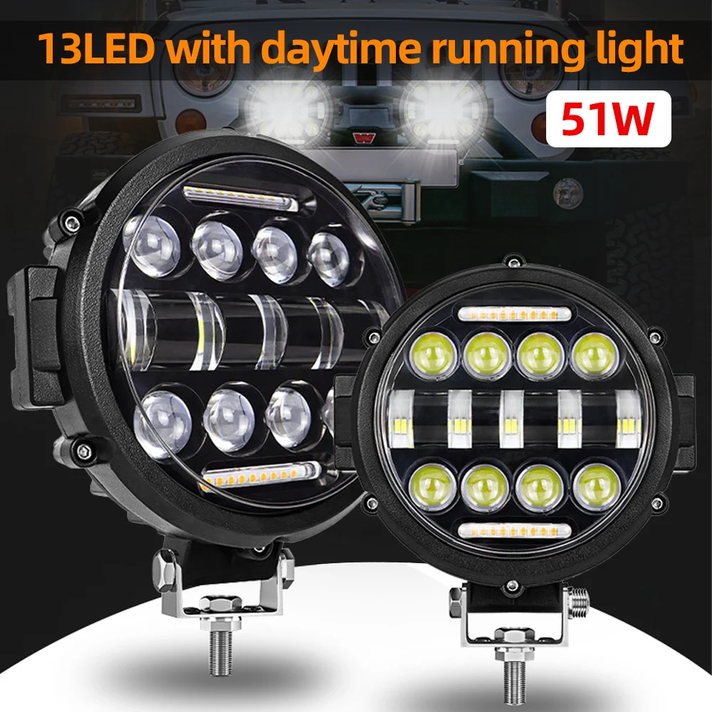 51W13LED Round Led Lights Spotlight Super Bright Offroad LED 7-inch Bar Adjustable Mounting Bracket Daytime Running Light