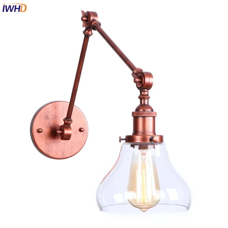 

IWHD Retro Loft LED Wall Light Fixture Cafe Living Room Bedside Lamp Indoor Vintage Iron Long Arm Insustrial Glass Lampe Murale