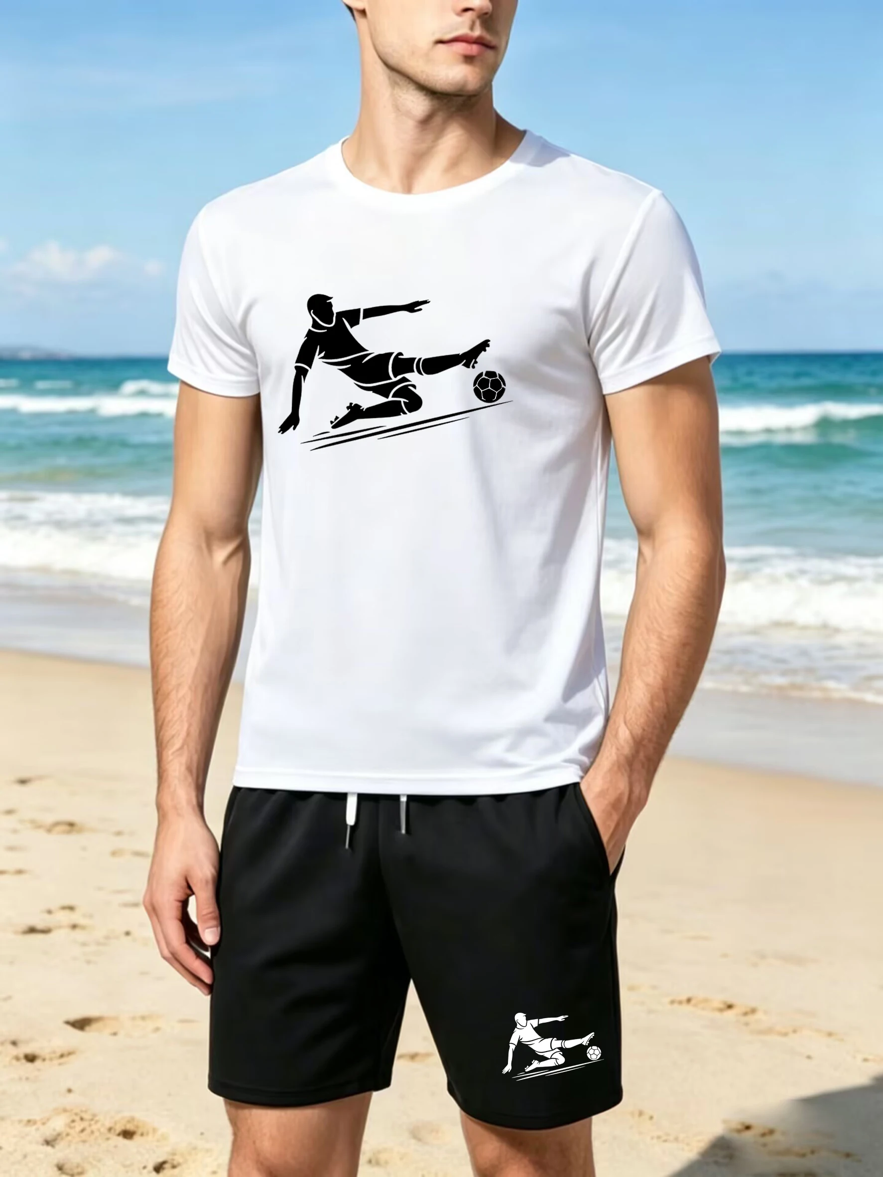 

A 2-piece casual sportswear set of men's short-sleeved T-shirt and corset shorts with silhouette prints of basketball players