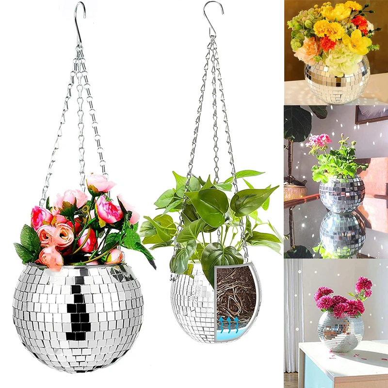 10/15/20/25CM Disco Ball Hanging Flower Pot For Indoor Plants Flower Planter Pots Rope Mirror Hanging Basket Garden Decor Vase