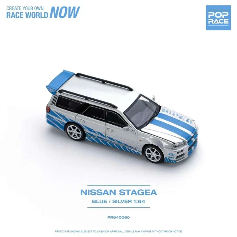 Pop Race-Modèle réduit de voiture STAGEA, véhicule moulé sous pression, couleur bleu argent, échelle 1:64