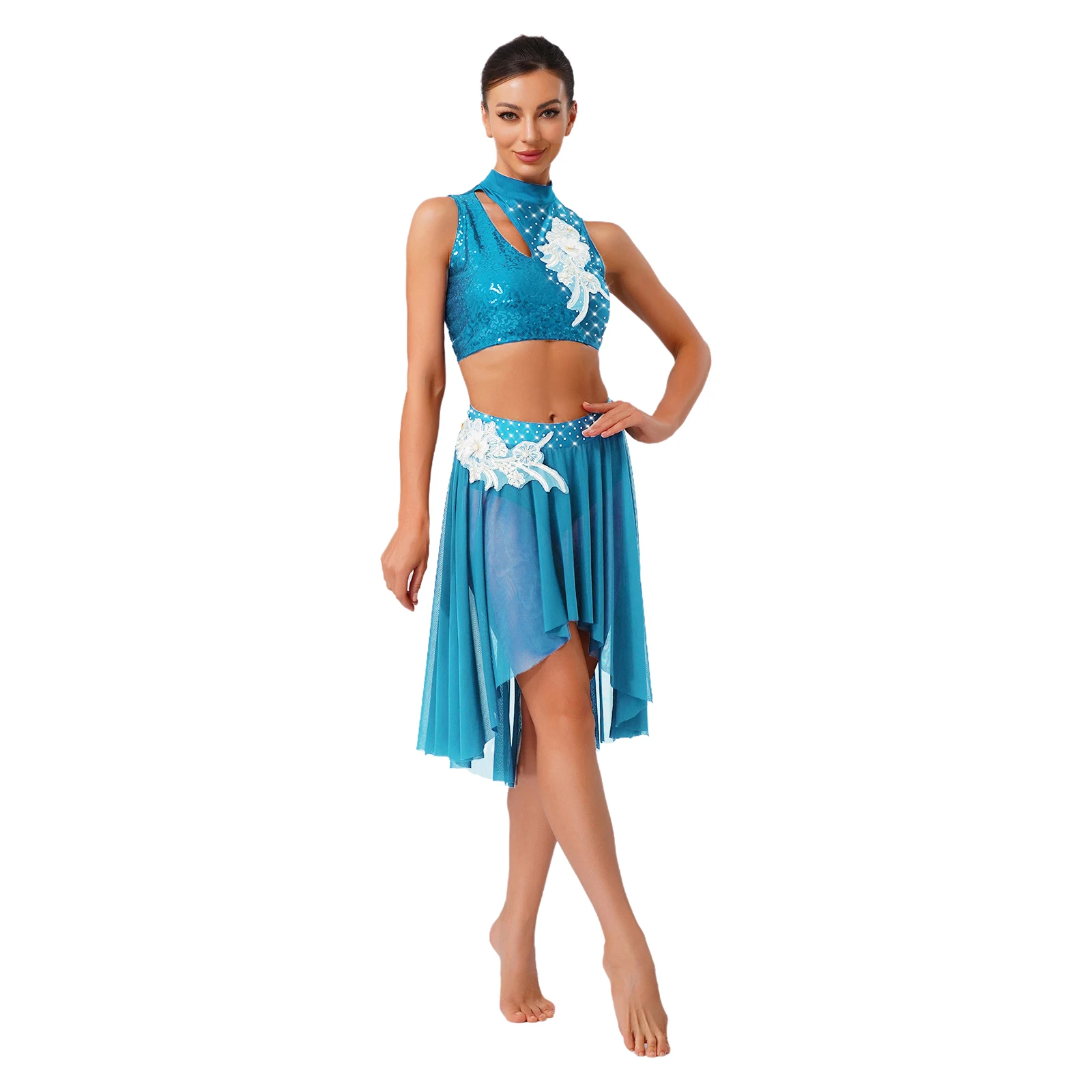 Womens Gymnastics Leotards Artistic Figure Skating Costume Ballet Lyrical Dance Outfits Hollow Out Crop Top And Skirt Dancewear - Image 4