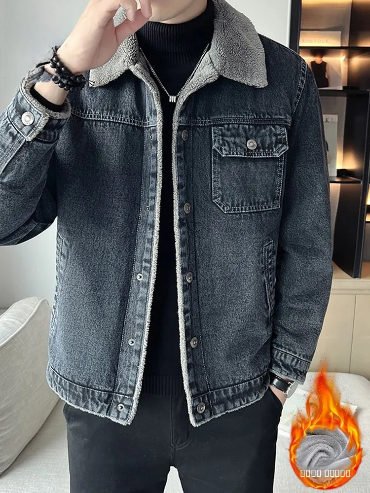 

Повседневная свободная джинсовая куртка для мужчин, модная зимняя куртка с отложным воротником, молодежная, из смесового хлопка и полиэстера