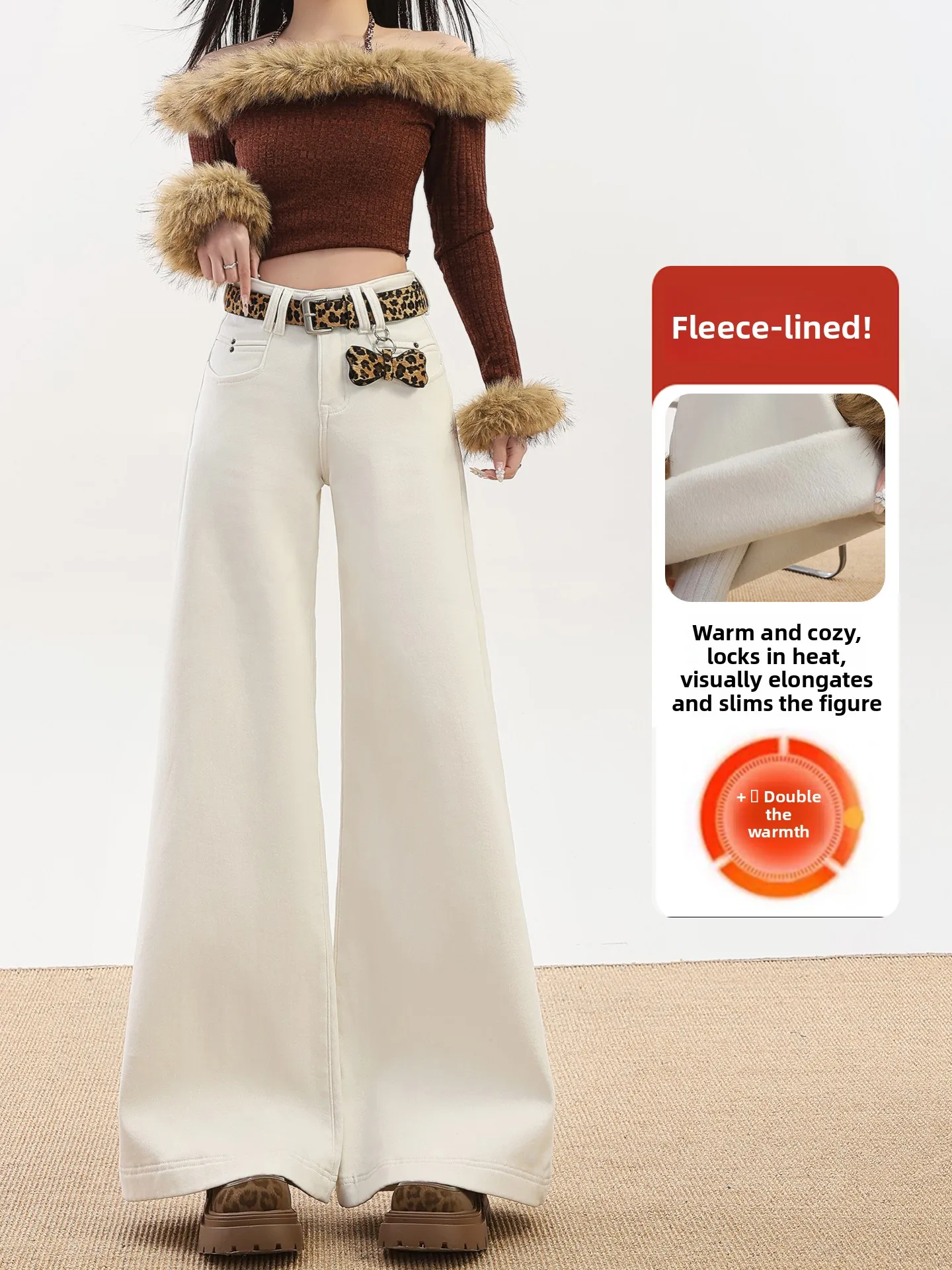 

Offcat High Waist Fleece Lined Bootcut Jeans Women's Loose Fit Comfortable Jeans Casual Pure Color Winter Fashion Ladies