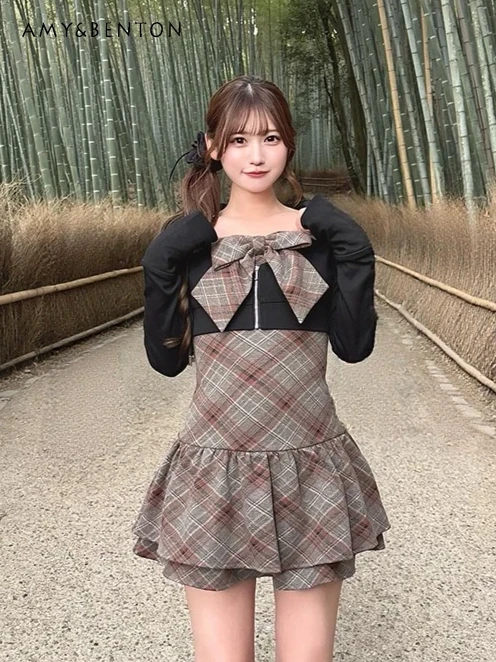 

Japanese Cute Three-dimensional Bow Suspender Cake Dress + Short Hooded Top Outfits Women Sweet Elegant A-line Skirt Sets