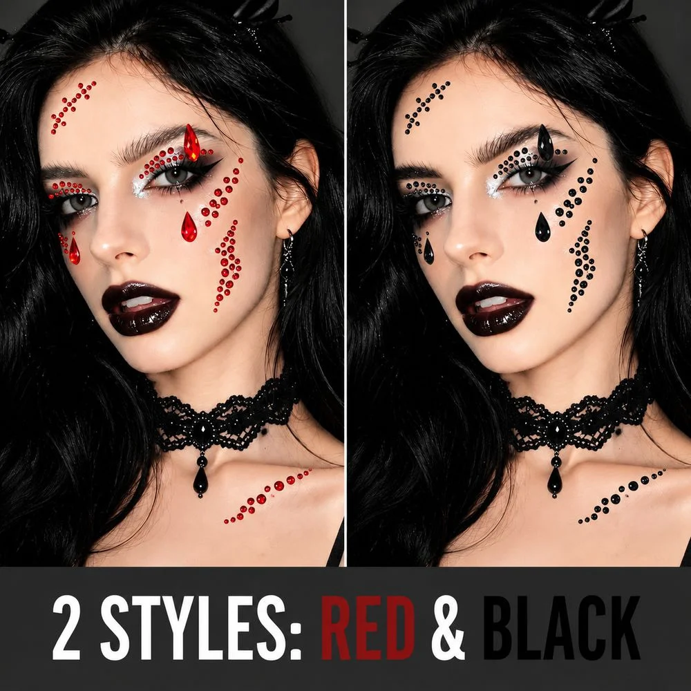1Pc Halloween Makeup Face Jewels 2‑Color Red Black Mixed‑Size Blood Teardrop Rhinestone Decals For Ghost Cosplay Party Accessory