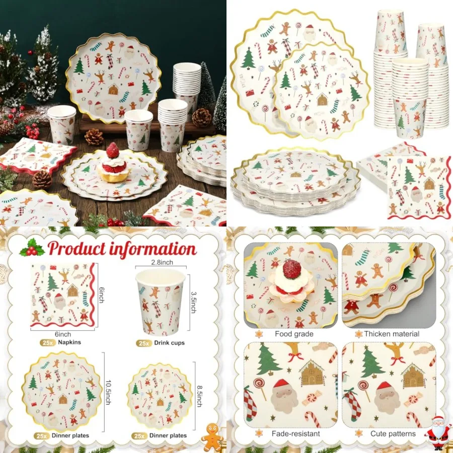 

100 шт. Набор одноразовой посуды для рождественской вечеринки с зубчатым дизайном в золотой оправе для 25 гостей 10,5 обеденные тарелки 8,5 десертов P