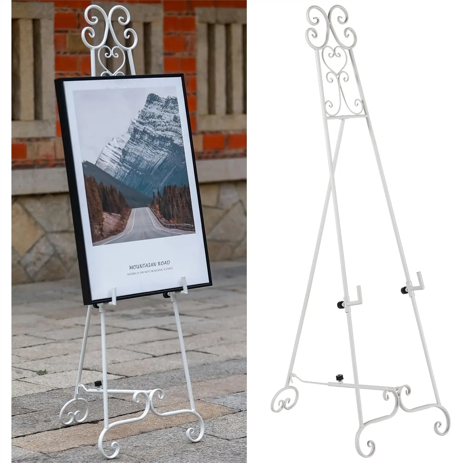 

Metal Free Standing Adjustable Display Stand Scroll Easel with Chain Support, White Easel for Sign Wedding Picture Frame, No