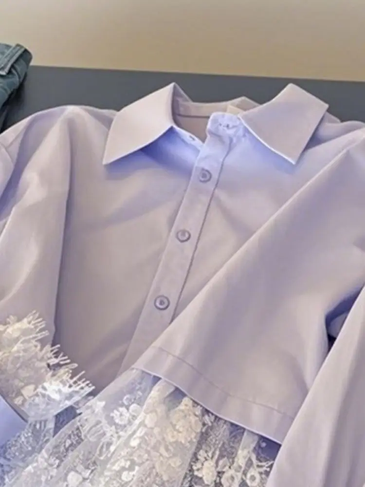 สีม่วงLapel Lace Splicedเสื้อแขนยาวและเสื้อเชิ้ตผู้หญิงฤดูใบไม้ผลิใหม่Dopamine Design Top