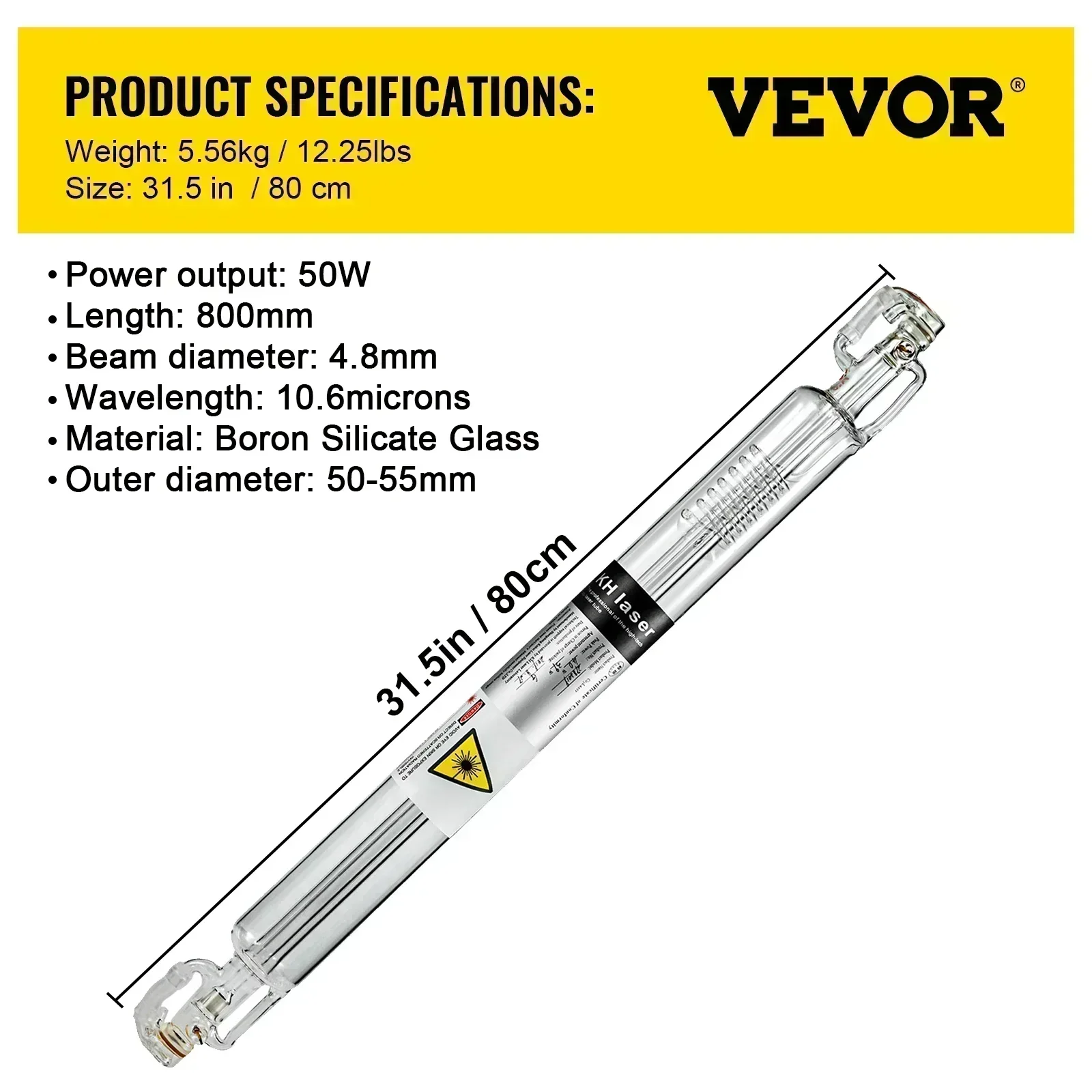 VEVOR 40-130W CO2-laserbuis met borosilicaatglas voor graveren/snijden van acryl, hout, leer, stof
