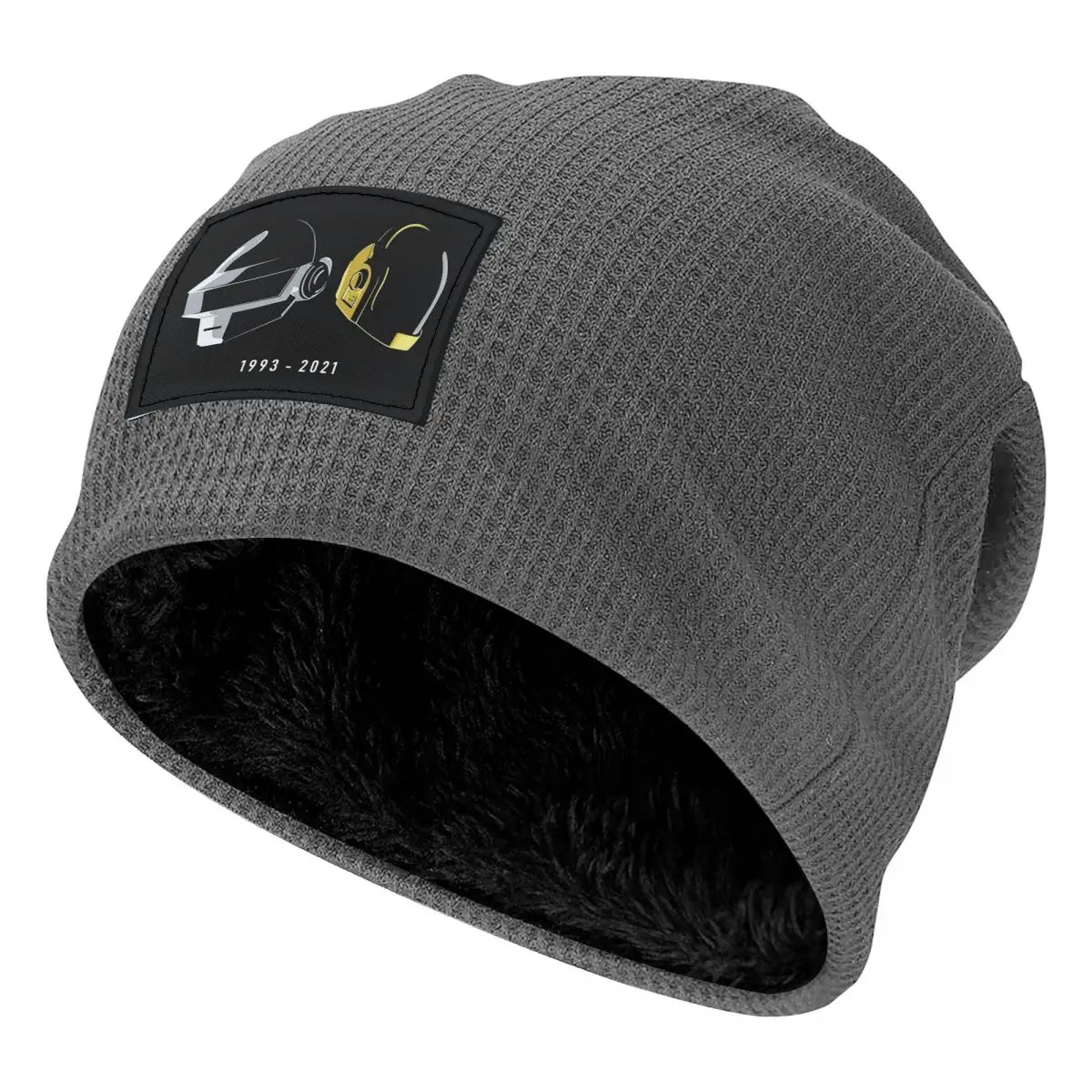 Daft Punk Electronic Music Band Tribute Helmet Art Waffle Knit Fleece Lined Beanie with PU Leather Patch Warm Winter Soft Cap