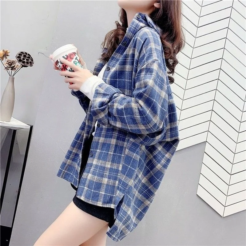 Awen Plaid Shirts Womens Blouses And Tops Long Sleeve loose oversized Female Casual Shirts Korean Cotton Checked Lady Outwear