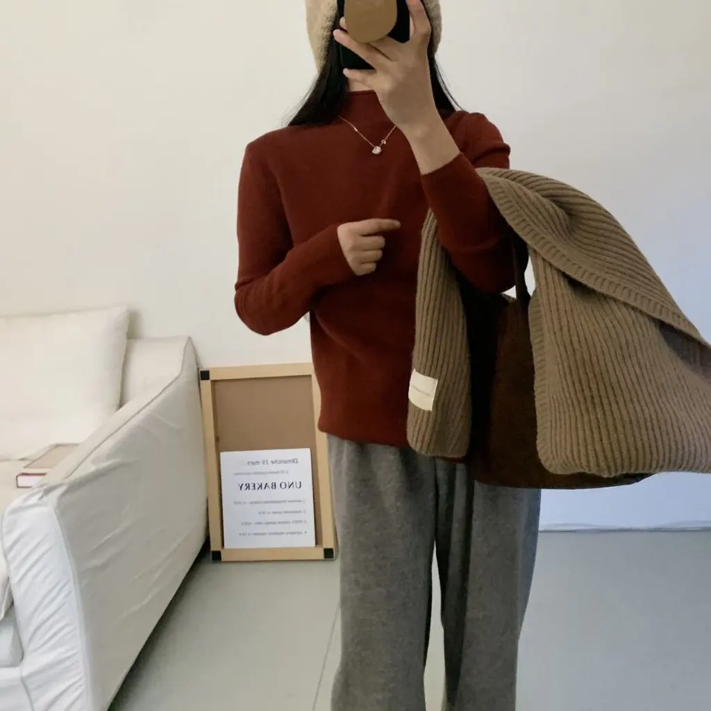 

Korean Women's Fleece-Lined Base Sweater B2XH-11305 Half High Collar Winter New Gentle Wind Solid Color Wholesale