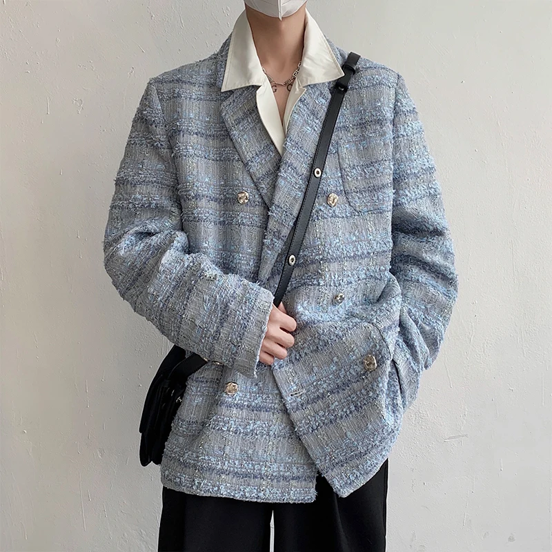 

Retro Korean Sle Men's Jaet Loose Fit Tweed Blue Suit Outerwear Faionable Casual Long Sve Thiened Autumn Coat